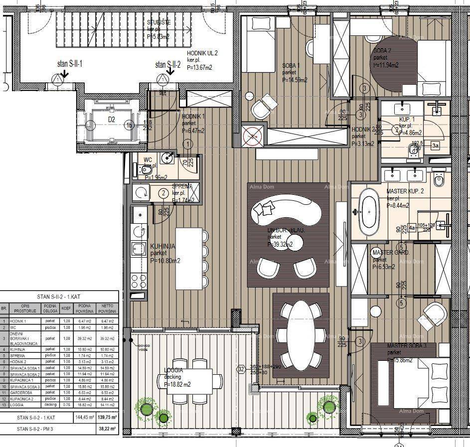 Detaillierter Grundriss einer Wohnung mit mehreren Zimmern, Bädern und einer Loggia.