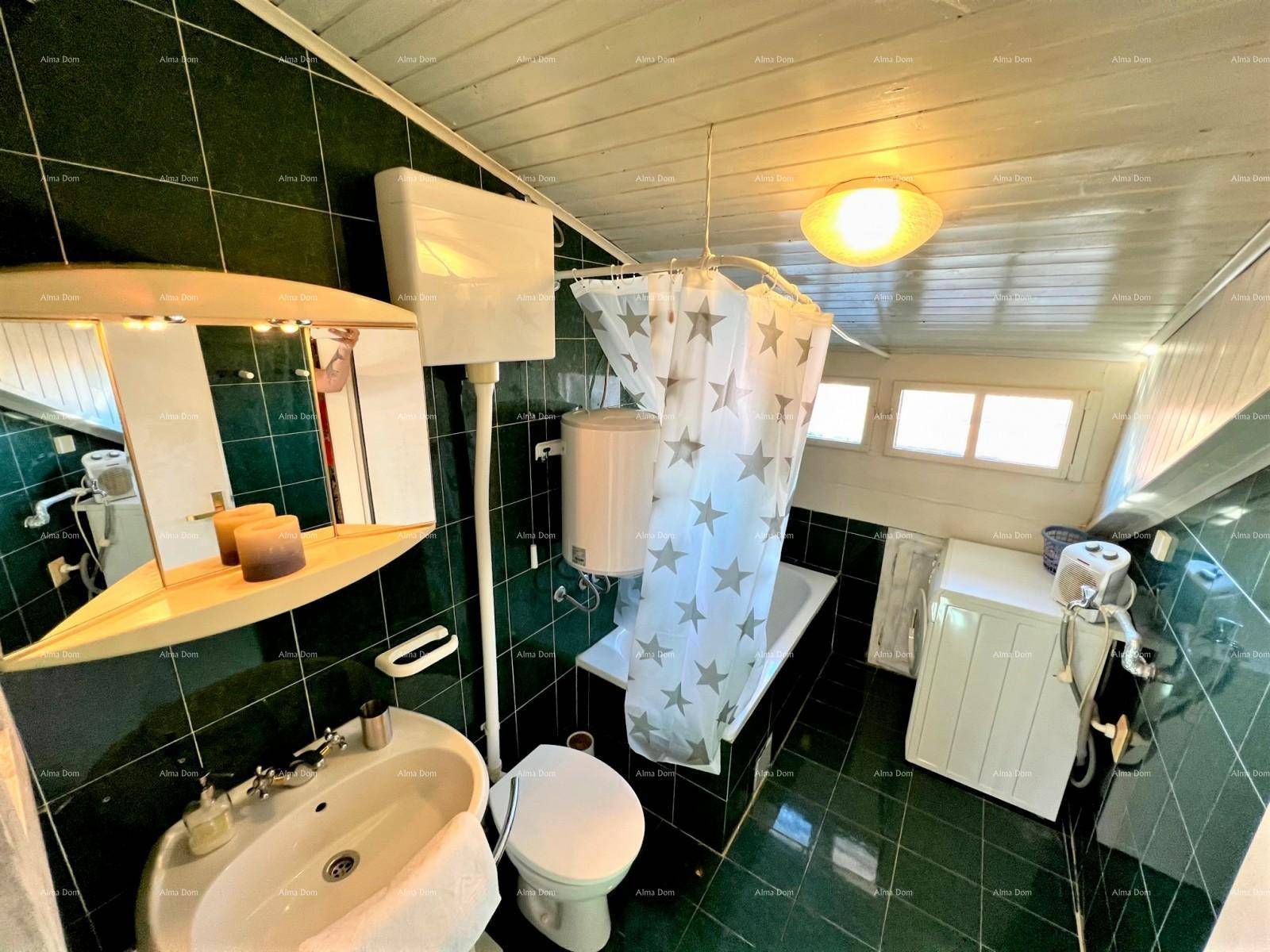Badezimmer mit grünen Fliesen, Holzdecke, Badewanne mit Duschvorhang und Waschmaschine.