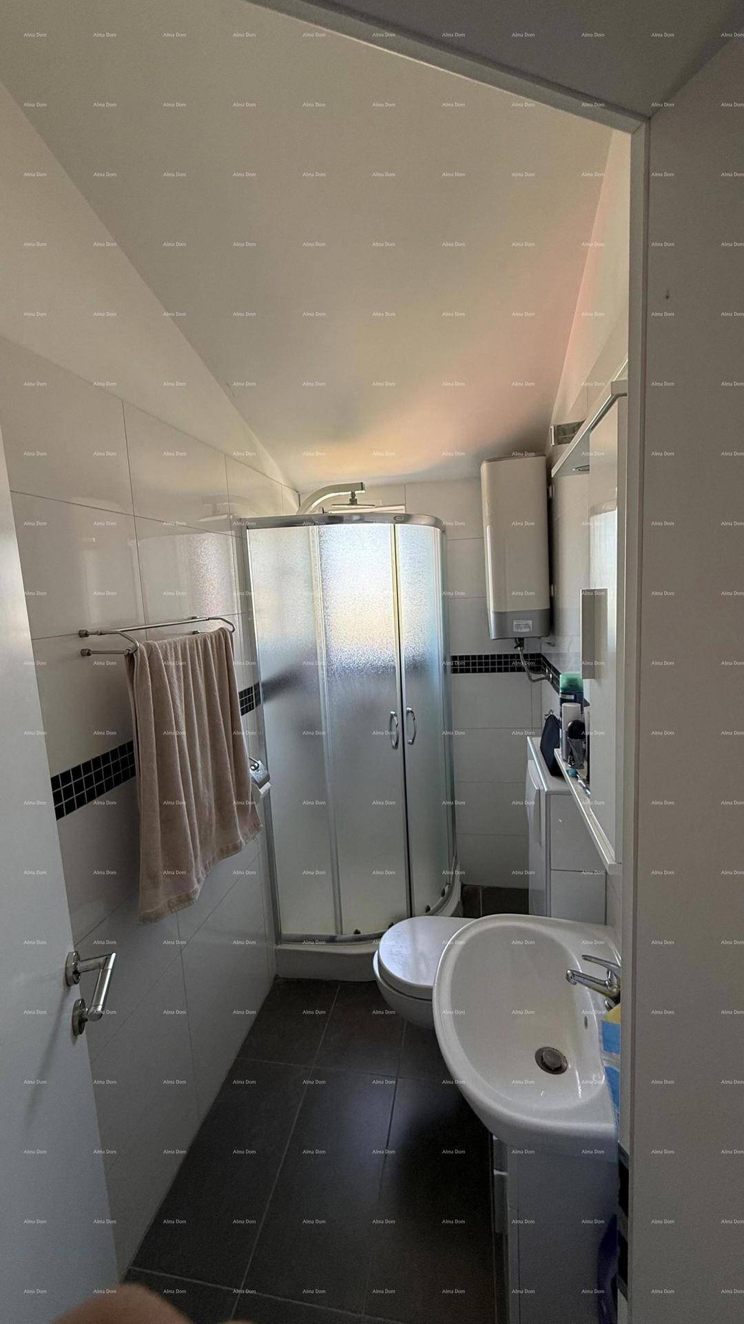 Badezimmer mit Eckdusche, Toilette, Waschbecken und einer Waschmaschine, auf dunklem Fliesenboden.