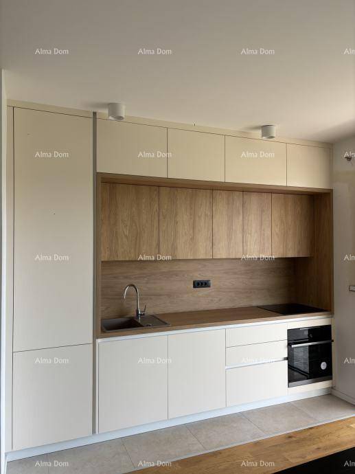 Moderne Einbauküche mit hellen Fronten, Holzakzenten und integriertem Backofen.