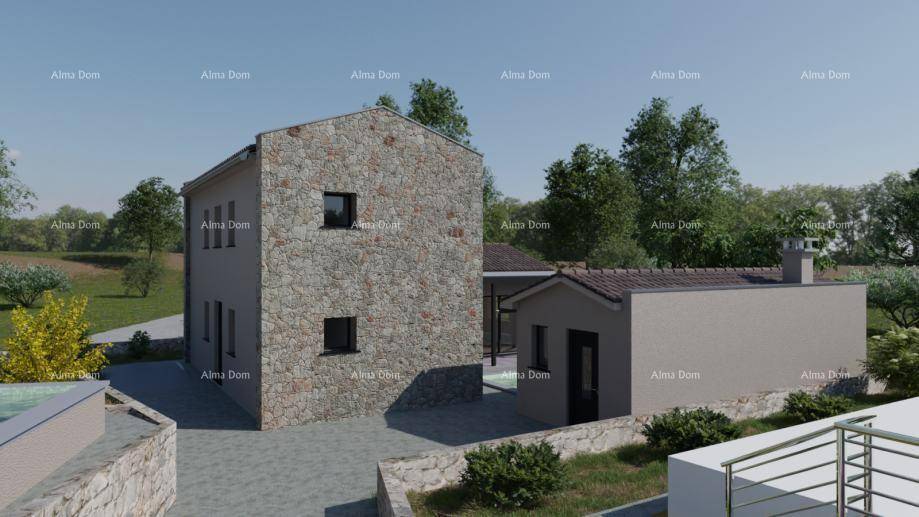 Rückansicht eines Hauses mit Steinfassade und angrenzendem Nebengebäude in grüner Umgebung.