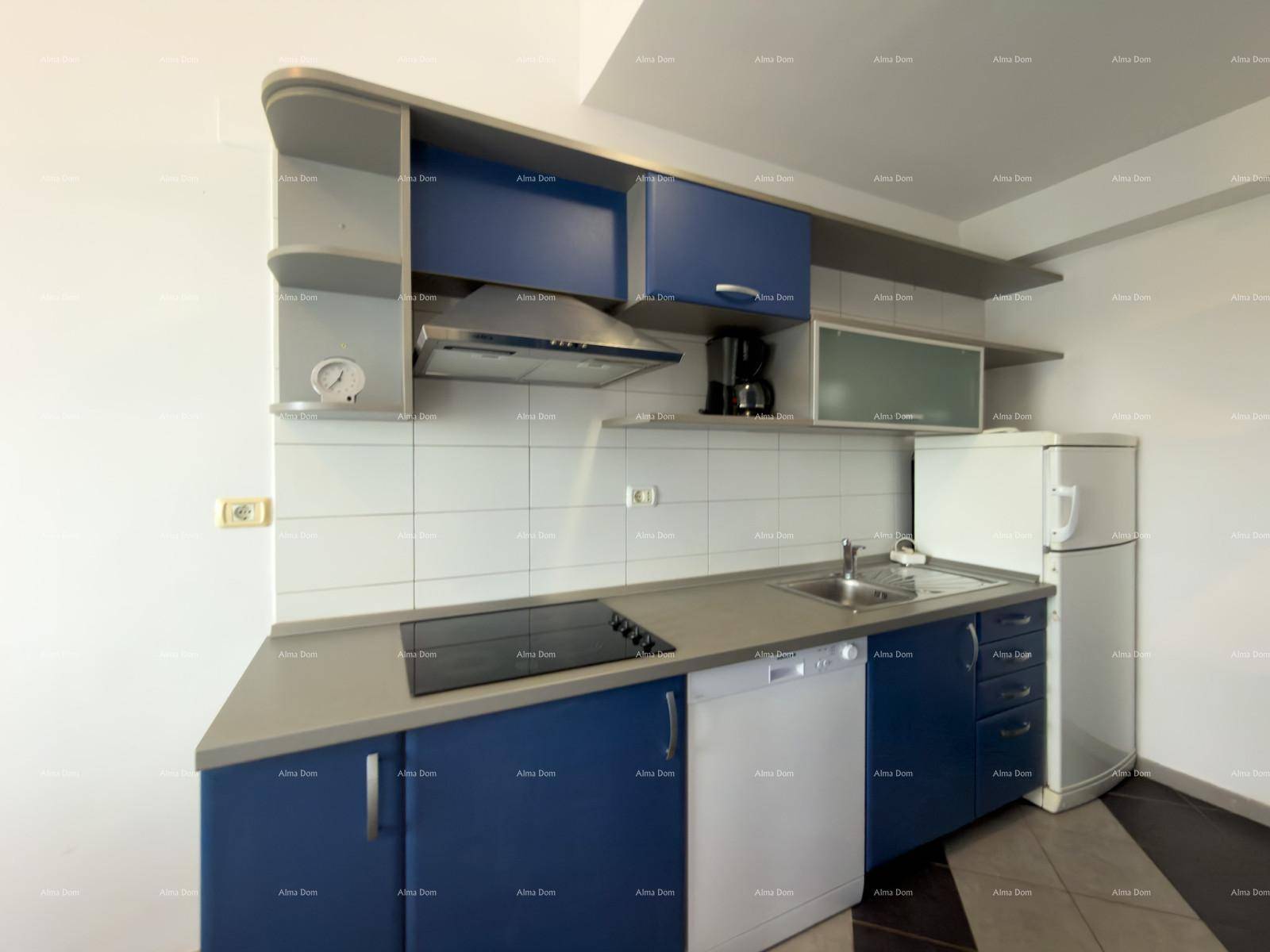 Voll ausgestattete Küchenzeile mit blauen Unterschränken, Kühlschrank und Geschirrspüler.