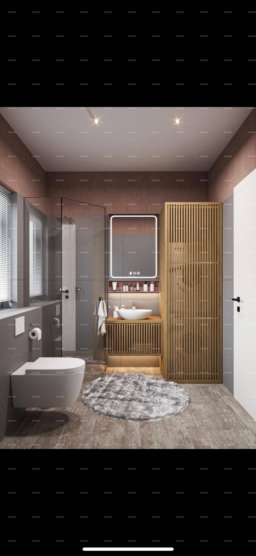 Modernes Badezimmer mit begehbarer Dusche, Hänge-WC und Holzdetails.