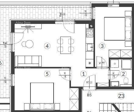 Grundriss einer Wohnung mit zwei Schlafzimmern, offenem Wohnbereich und Terrasse.