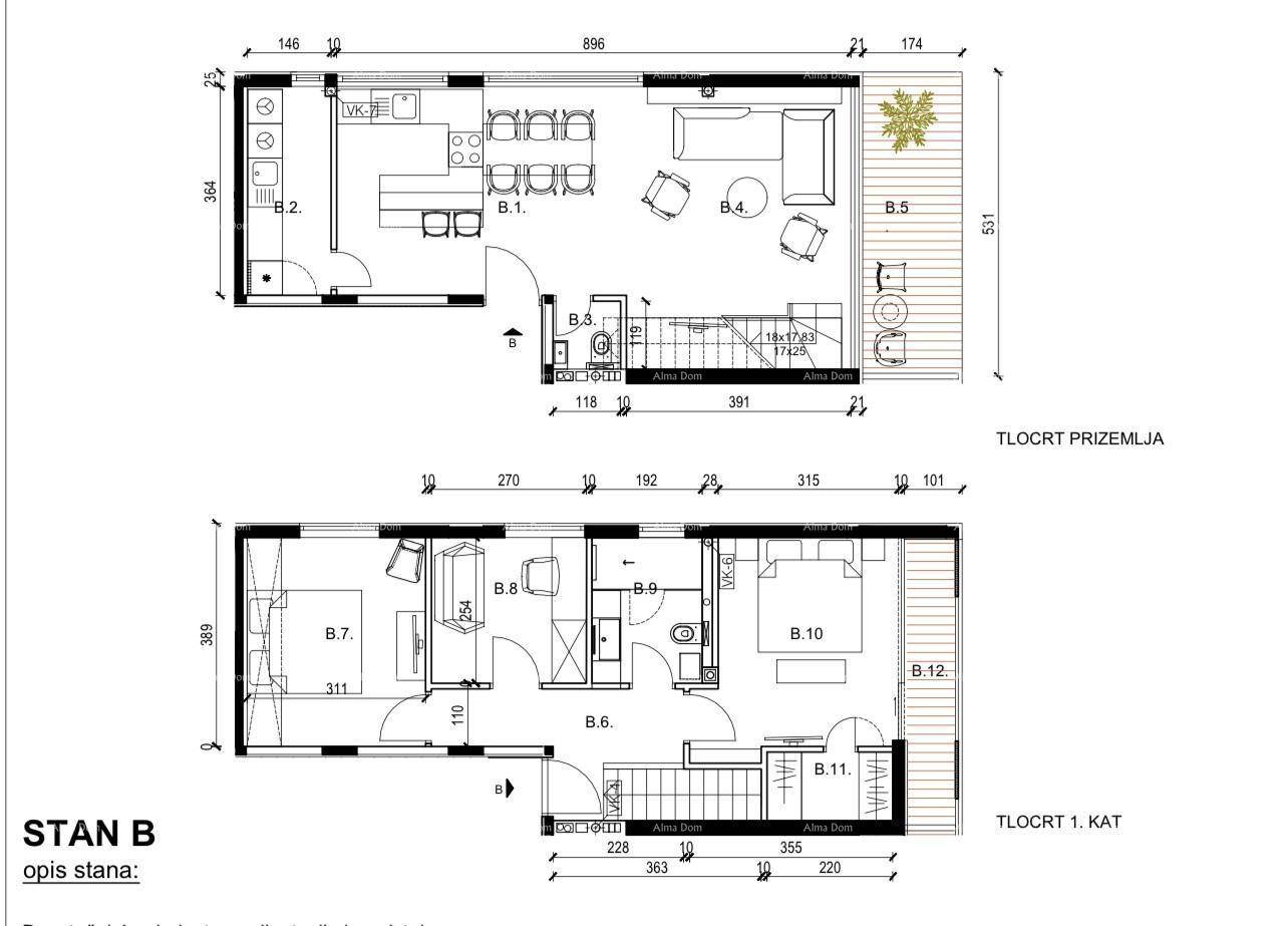 Grundrissplan mit Erdgeschoss und erstem Stock, inklusive Wohnbereich und Schlafzimmern.