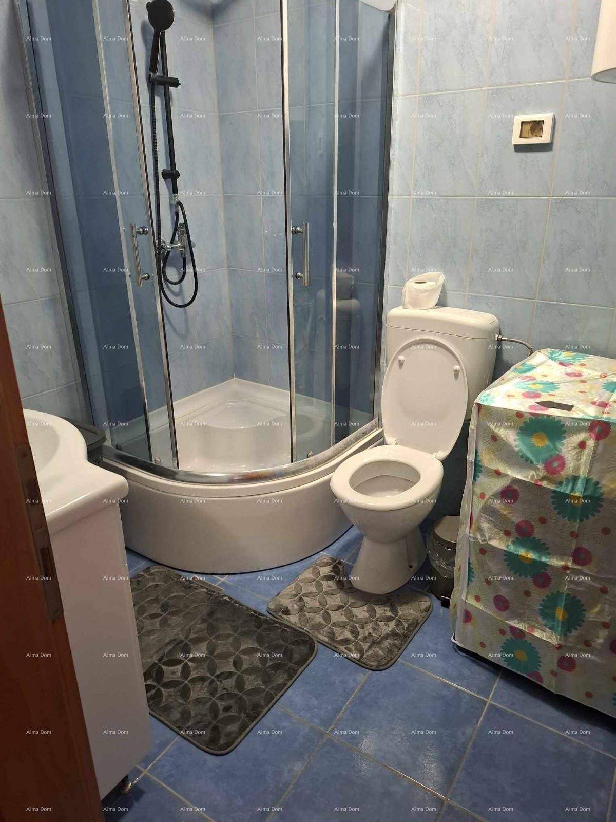 Badezimmer mit Duschkabine, Toilette und blauen Fliesen an Wänden und Boden.