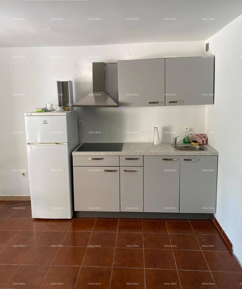 Funktionale Küchenzeile mit grauen Schränken, Kochfeld und Kühlschrank, ideal für kleine Räume.