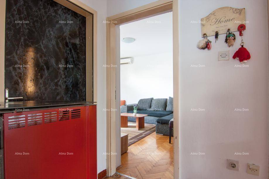 Eingangsbereich mit rotem Heizkörper und Blick in das helle Wohnzimmer.