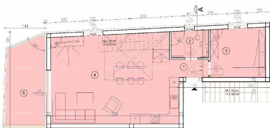 Grundriss einer Wohnung mit offenem Wohnbereich, Schlafzimmer, Bad und Balkon.