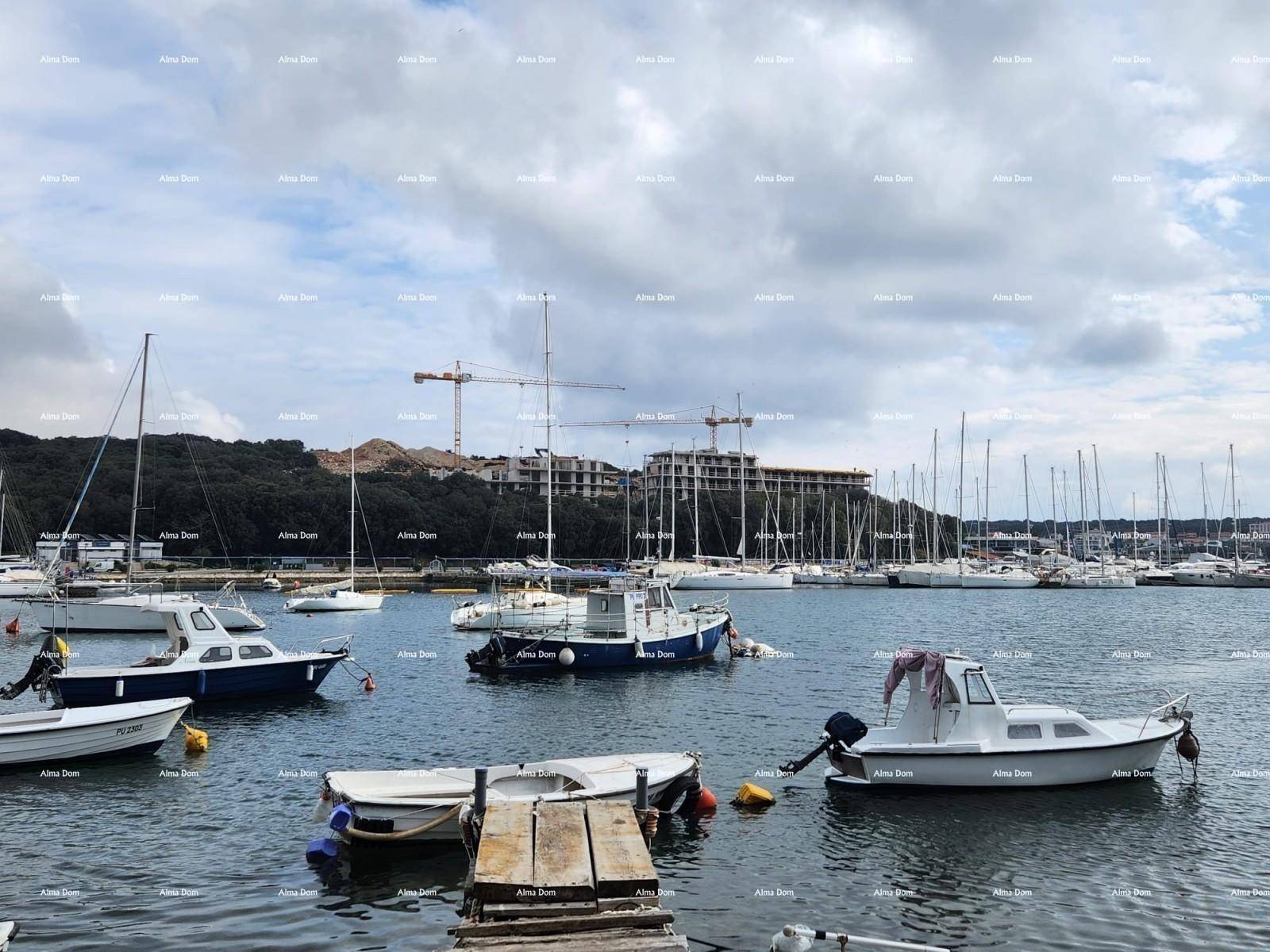 Blick auf einen belebten Yachthafen mit Segelbooten und einer Baustelle im Hintergrund.