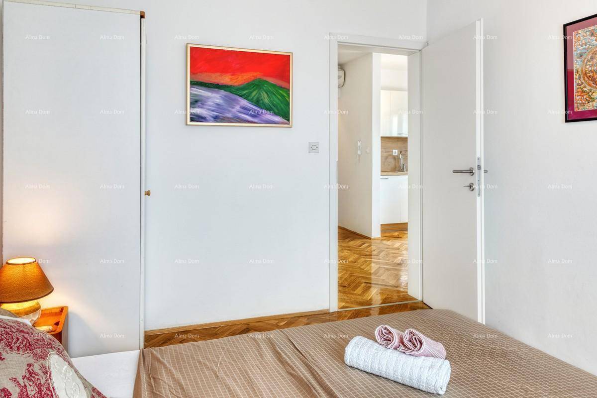 Blick vom Schlafzimmer in den Flur, der zu weiteren Räumen mit durchgehendem Parkettboden führt.