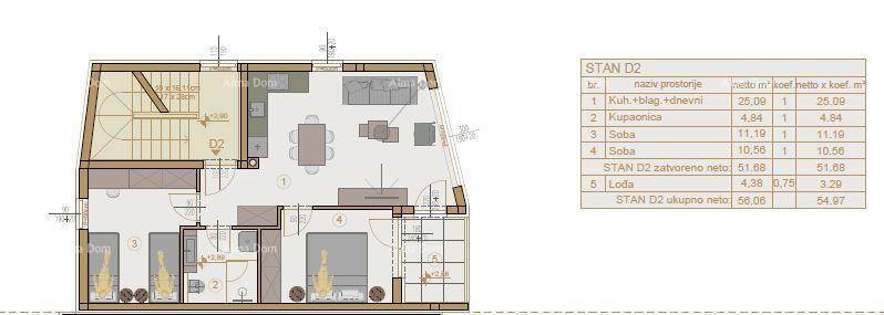 Detaillierter Grundriss einer Wohnung mit offenem Wohnbereich, zwei Schlafzimmern und einem Balkon.