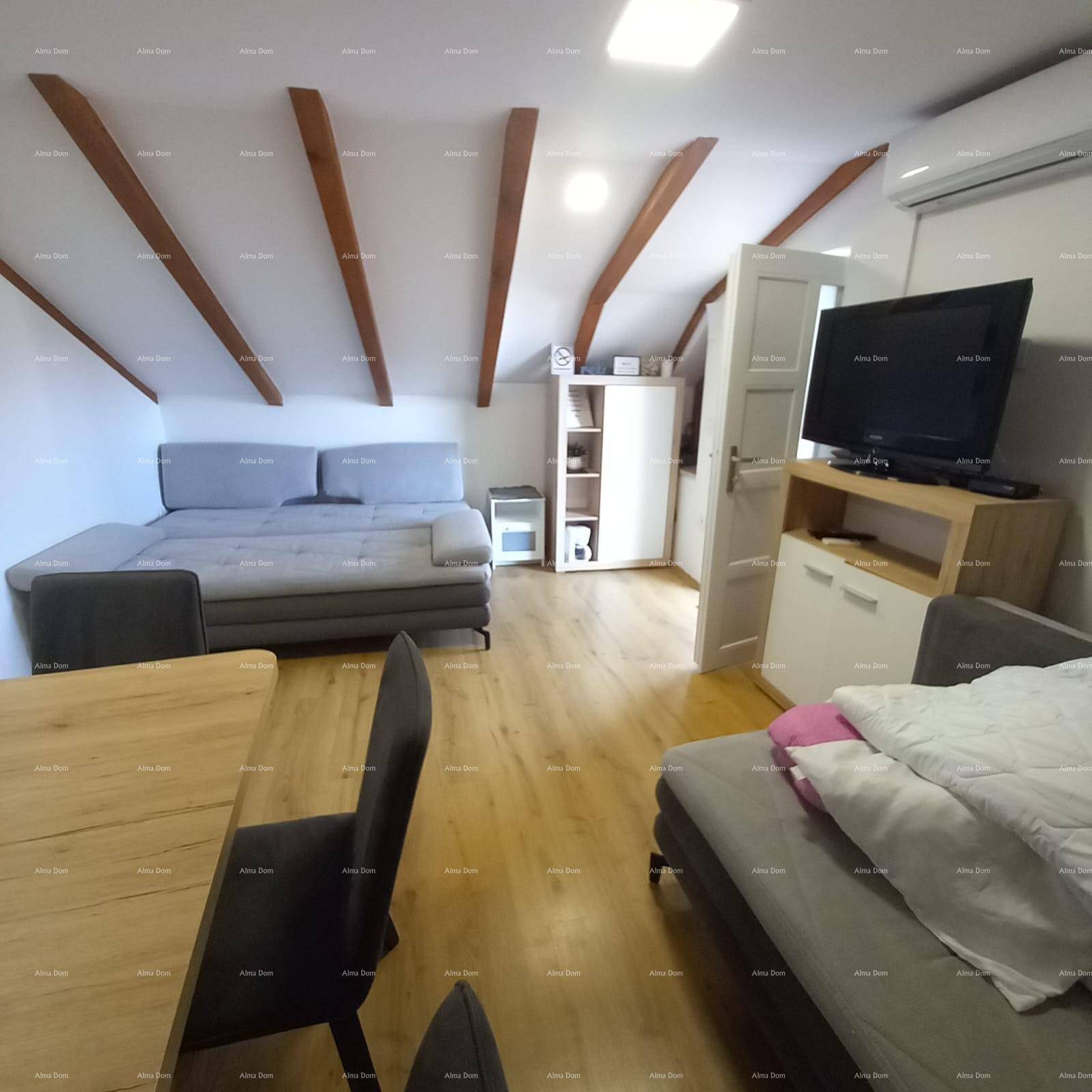 Heller Dachbodenraum mit sichtbaren Holzbalken, Laminatboden und Schlafsofas.