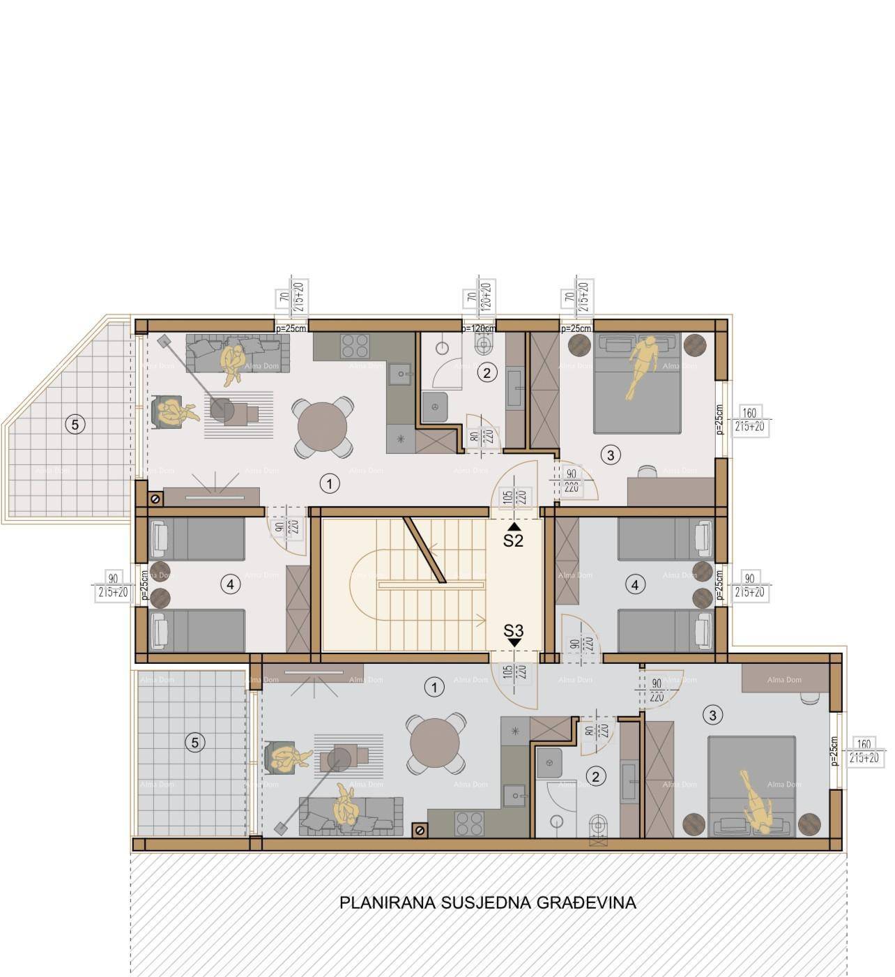 Grundrissplan für die Wohnungen S2 und S3 mit offener Wohnküche, Schlafzimmern und Loggien.