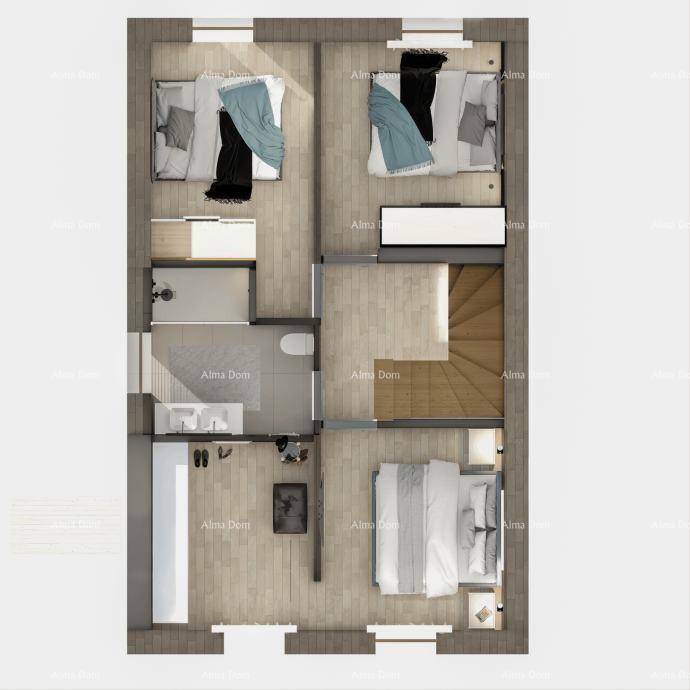 Grundriss des Obergeschosses mit drei Schlafzimmern und einem Badezimmer.
