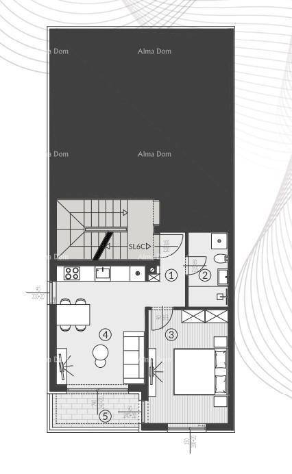Grundriss einer Wohnung mit Schlafzimmer, Wohnbereich, Küche und Terrasse.