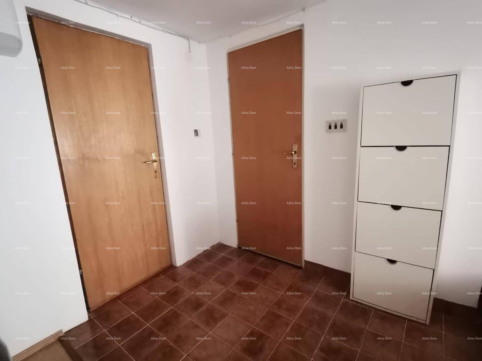Heller Flur mit zwei Holztüren und einem schmalen Schuhschrank.