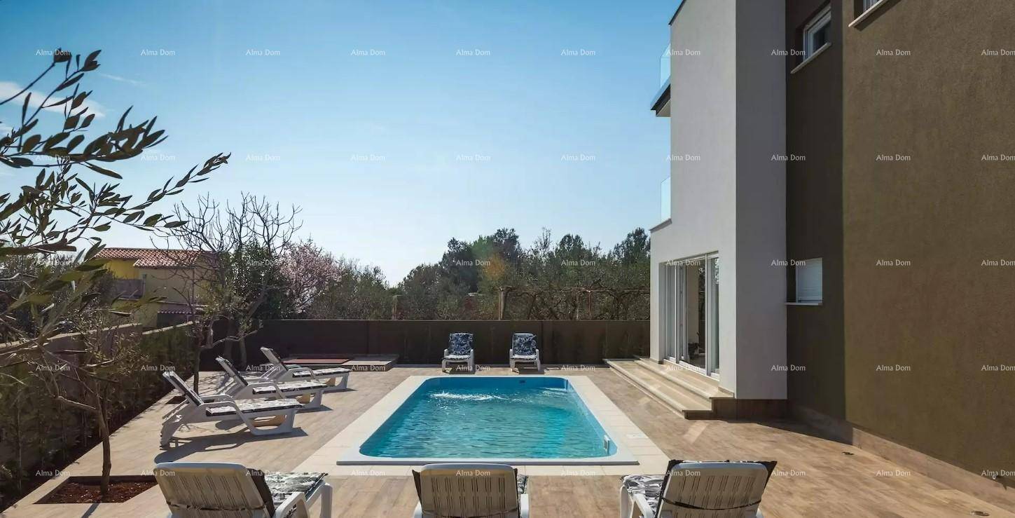 Außenbereich mit rechteckigem Pool und zahlreichen Liegestühlen, perfekt für sonnige Tage.