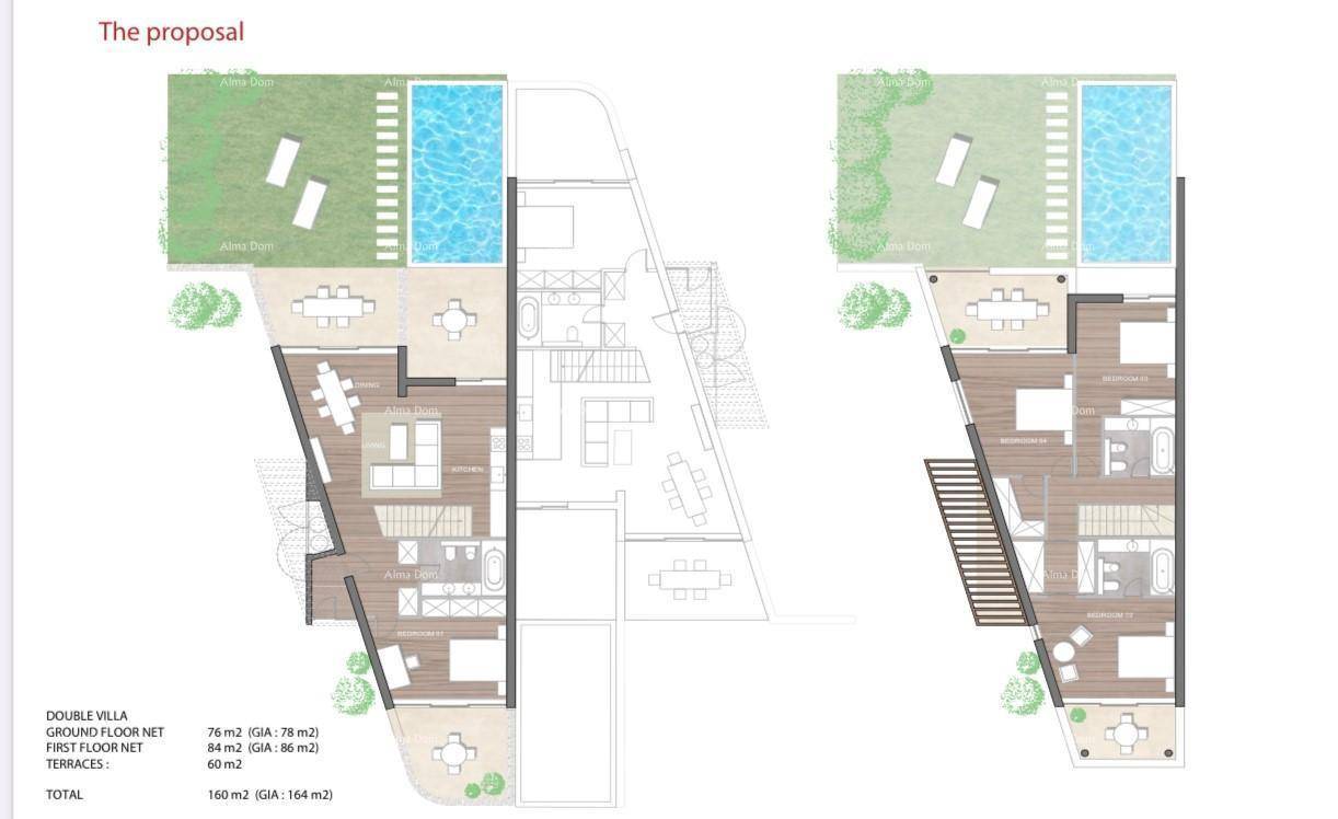 Grundriss einer Doppelhaushälfte über zwei Etagen mit Garten, Pool und Terrassenbereichen.
