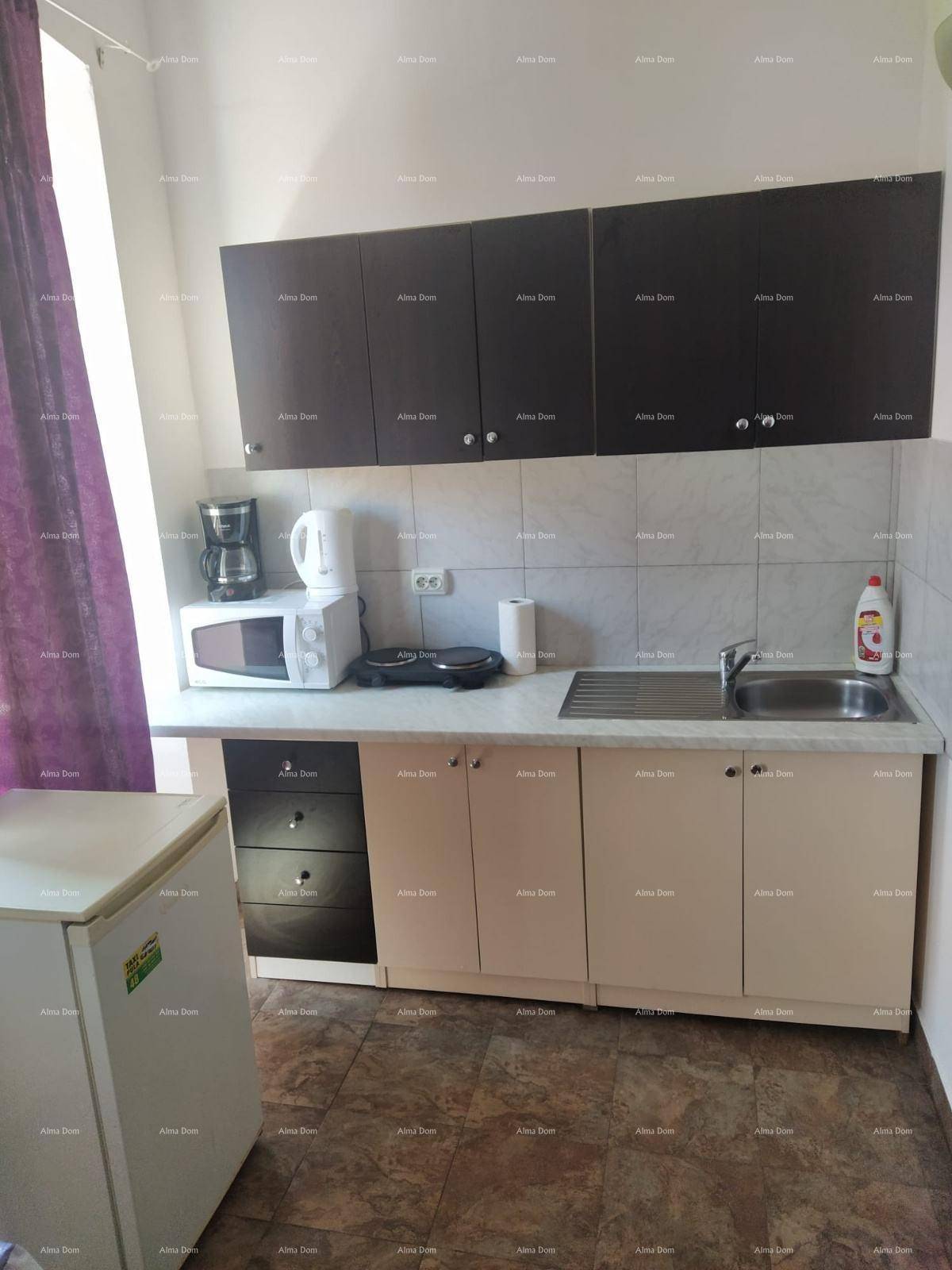 Funktionale Küchenzeile mit Spüle, Mikrowelle, Kaffeemaschine und kleinem Kühlschrank, ideal für ein Studio.