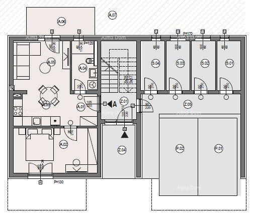 Grundriss einer Wohnung mit offener Küche, Wohnbereich, Schlafzimmer und Zugang zu einem Balkon.