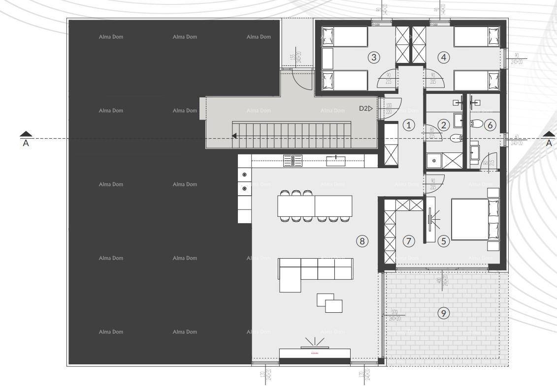 Detaillierter Grundriss einer Wohnung mit offenem Wohnbereich, drei Schlafzimmern und Terrasse.