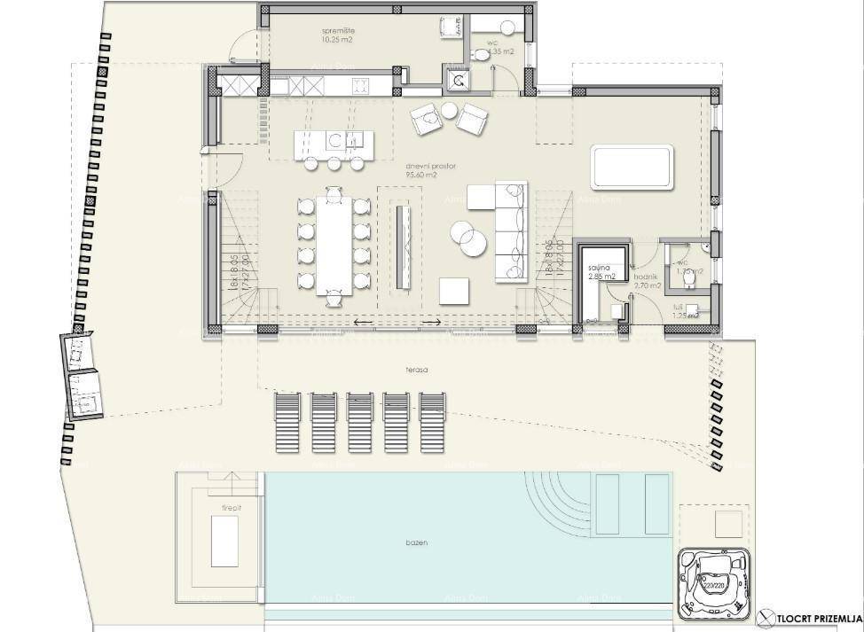 Grundriss des Erdgeschosses mit offenem Wohnbereich, Küche, Pool und Whirlpool.
