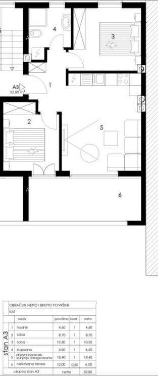 Grundriss einer Wohnung mit Schlafzimmer, Bad, offener Küche und Terrasse.