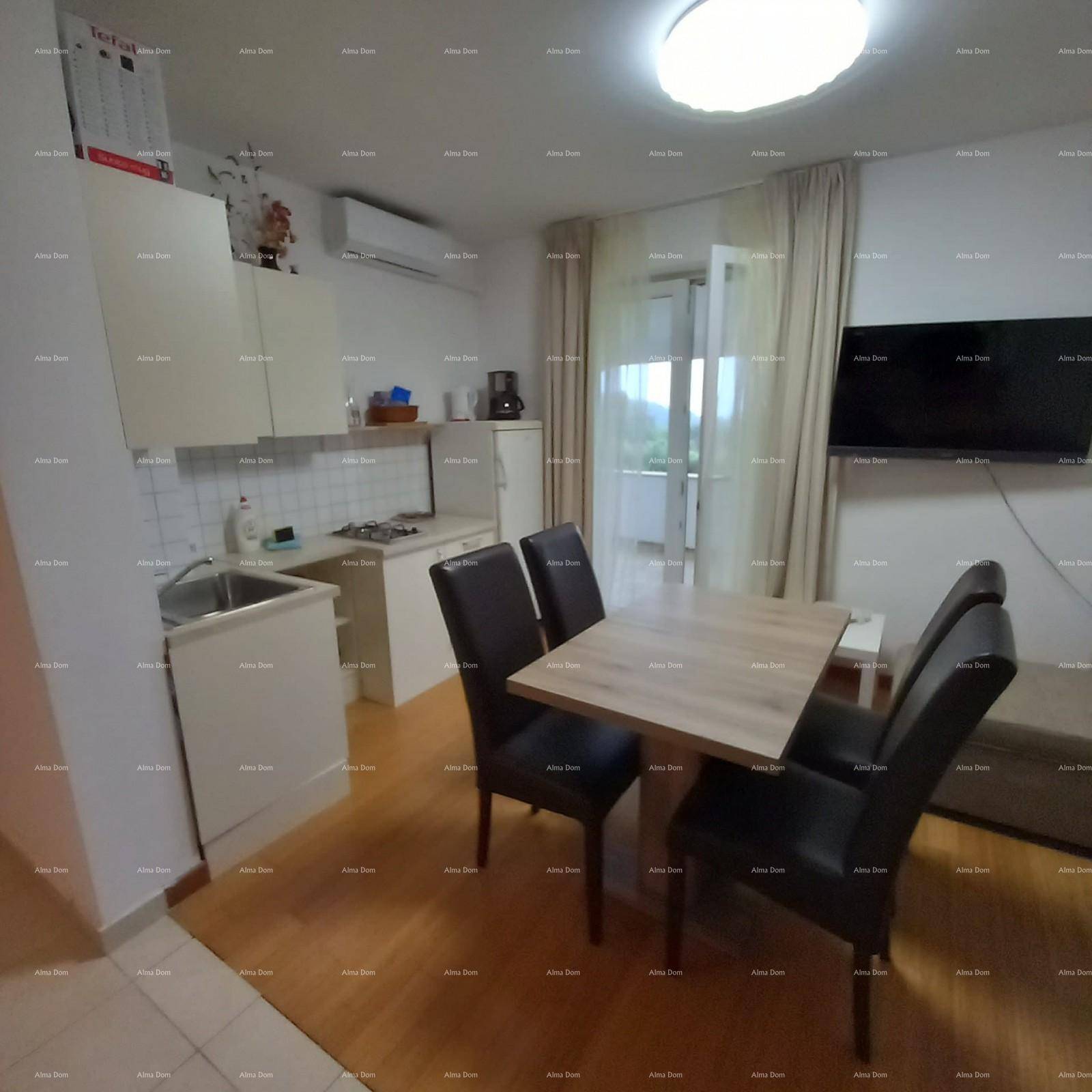 Kompakte Küchenzeile mit Gasherd und Spüle, angrenzend an einen Essbereich mit Holzboden.