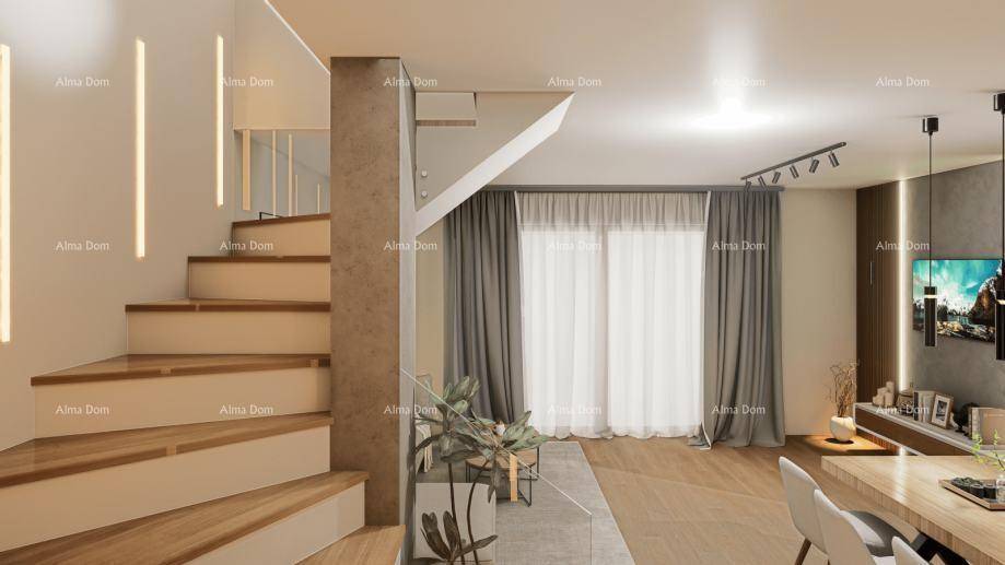 Elegante moderne Treppe mit indirekter Beleuchtung, die zum oberen Stockwerk führt.