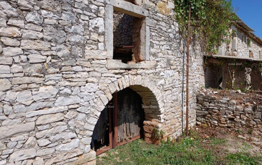 Nahaufnahme der alten Steinfassade mit bogenförmigem Eingang und verfallenen Fensteröffnungen.