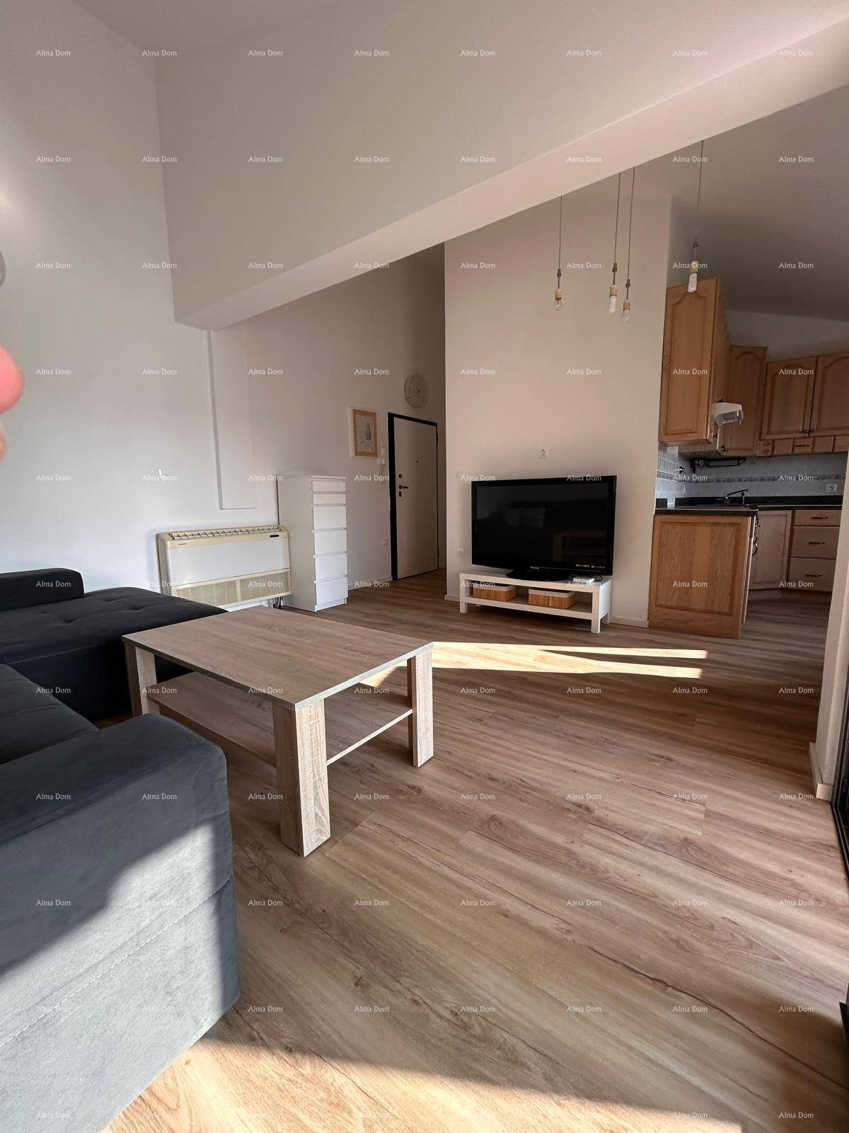 Geräumiger Wohnbereich mit Sofa, Couchtisch und offener Verbindung zur Küche.