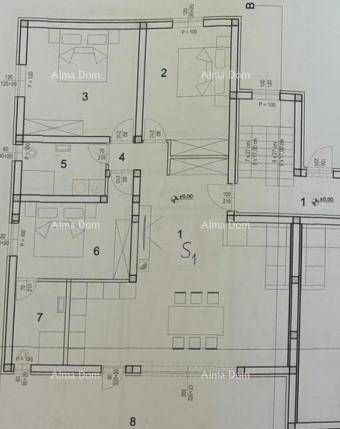 Detaillierter Grundriss einer Wohneinheit mit offenem Wohnbereich und mehreren Zimmern.