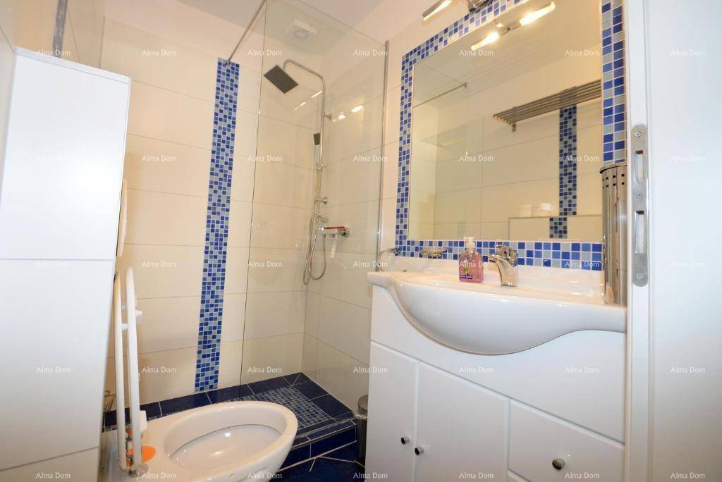 Modernes Badezimmer mit Dusche, WC und blauen Mosaikfliesen.