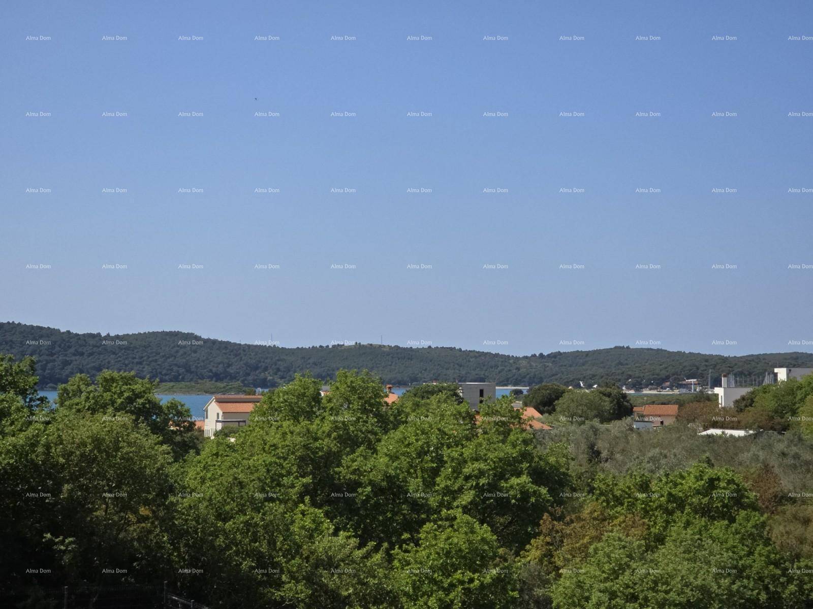 Panoramablick auf die grüne Landschaft mit Bäumen und einem See oder Meer im Hintergrund unter blauem Himmel.