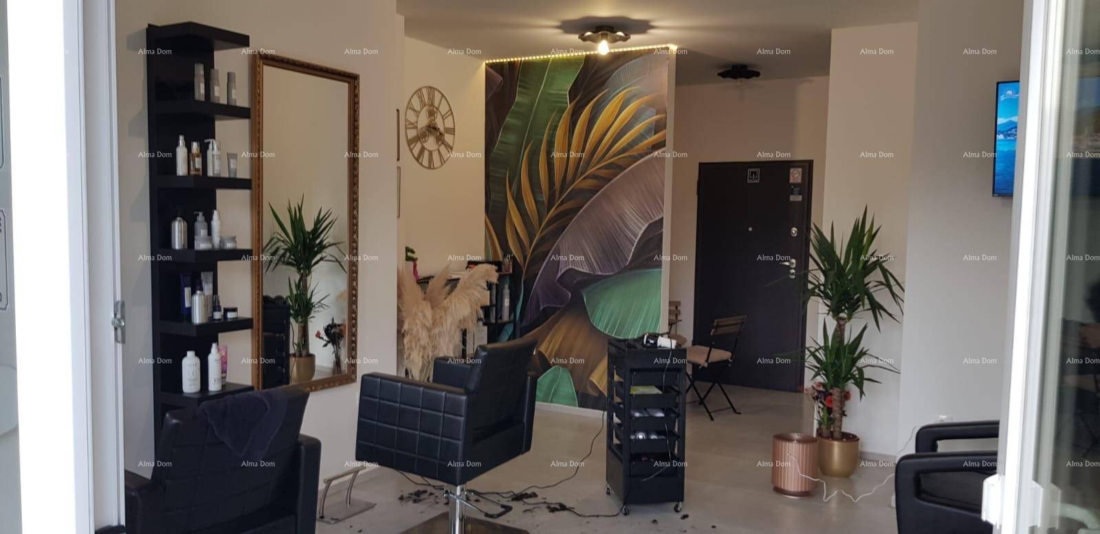 Geräumiger Friseursalon mit modernen Stühlen, großer Wanddekoration und dekorativen Pflanzen.