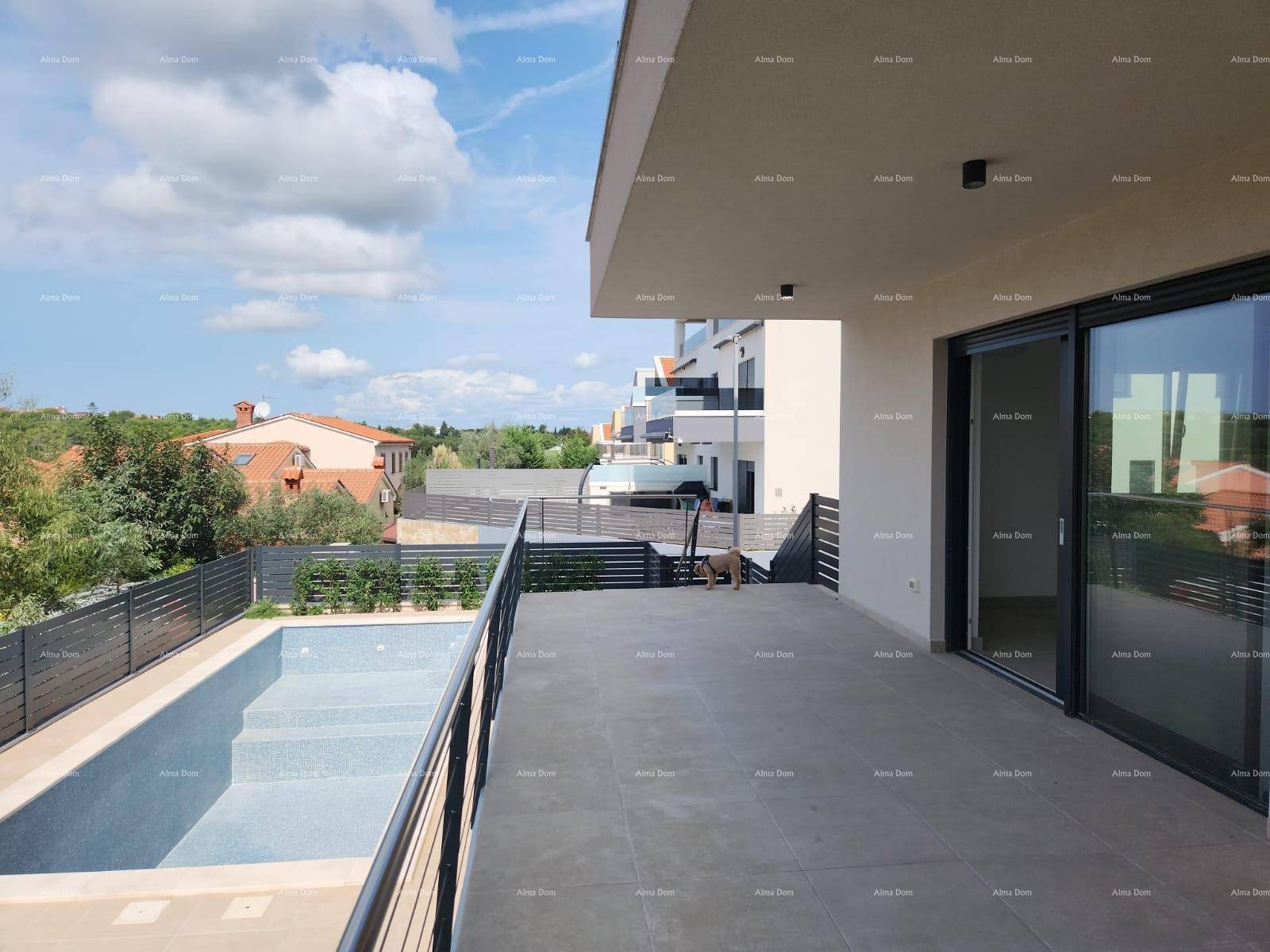 Sonniger Terrassenbereich mit großem Pool und weitem Blick in die Landschaft unter blauem Himmel.