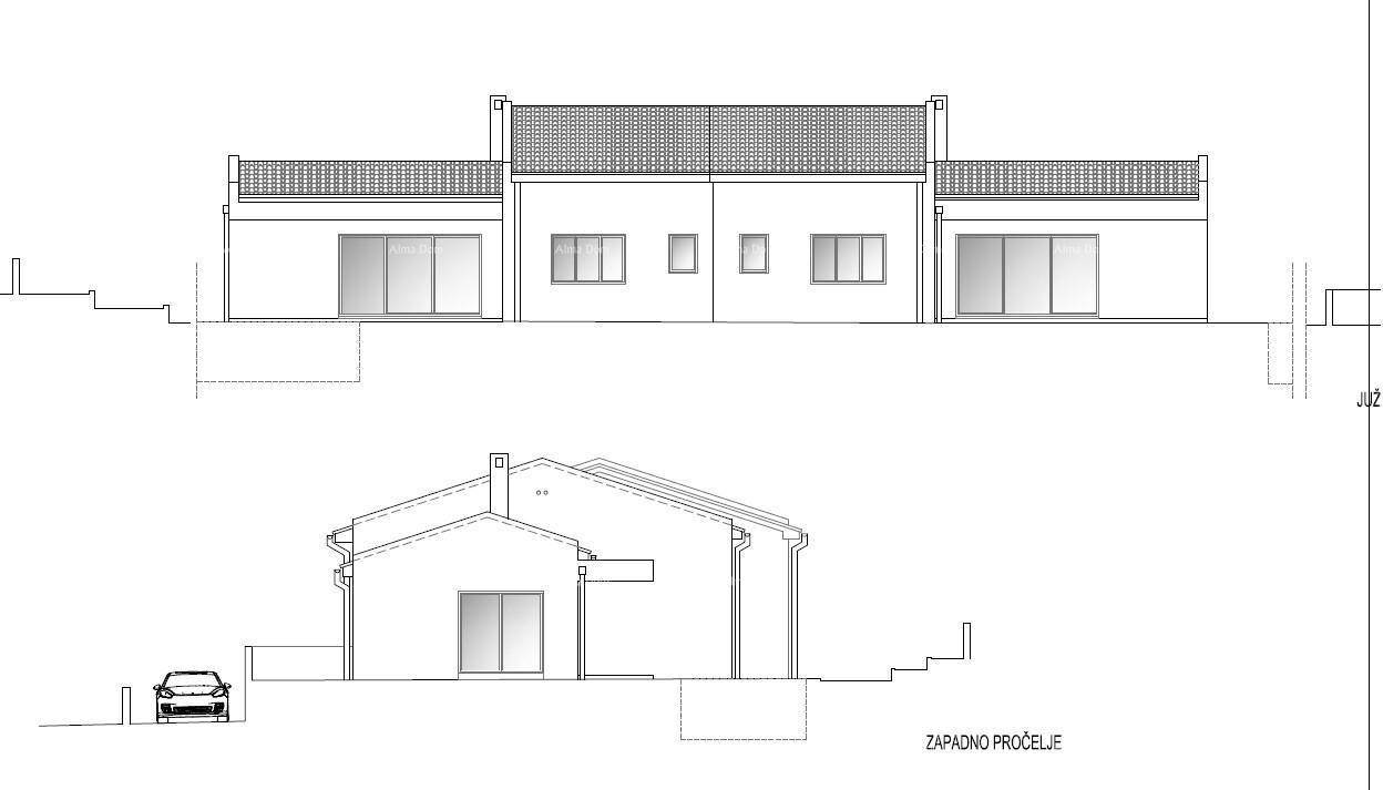Architektonische Ansicht der Westseite des Gebäudes mit großen Fensterfronten und einem Auto.