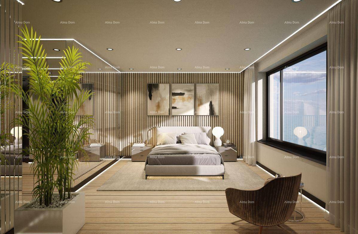 Geräumiges Schlafzimmer mit Doppelbett, Meerblick und moderner Holzvertäfelung.