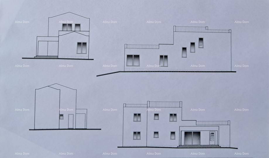Architektonische Zeichnungen zeigen verschiedene Ansichten der Gebäudefassade und des Dachs.