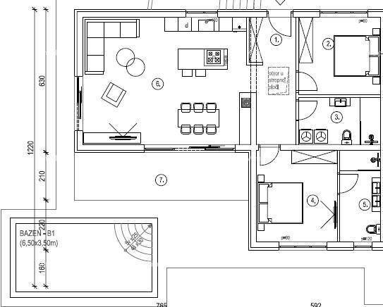 Grundriss des Erdgeschosses mit offenem Wohnbereich, Schlafzimmern und Außenterrasse mit Pool.