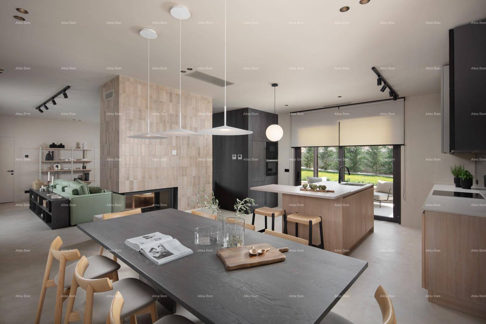 Geräumiger offener Wohn-, Ess- und Küchenbereich mit modernem Design und Kamin.