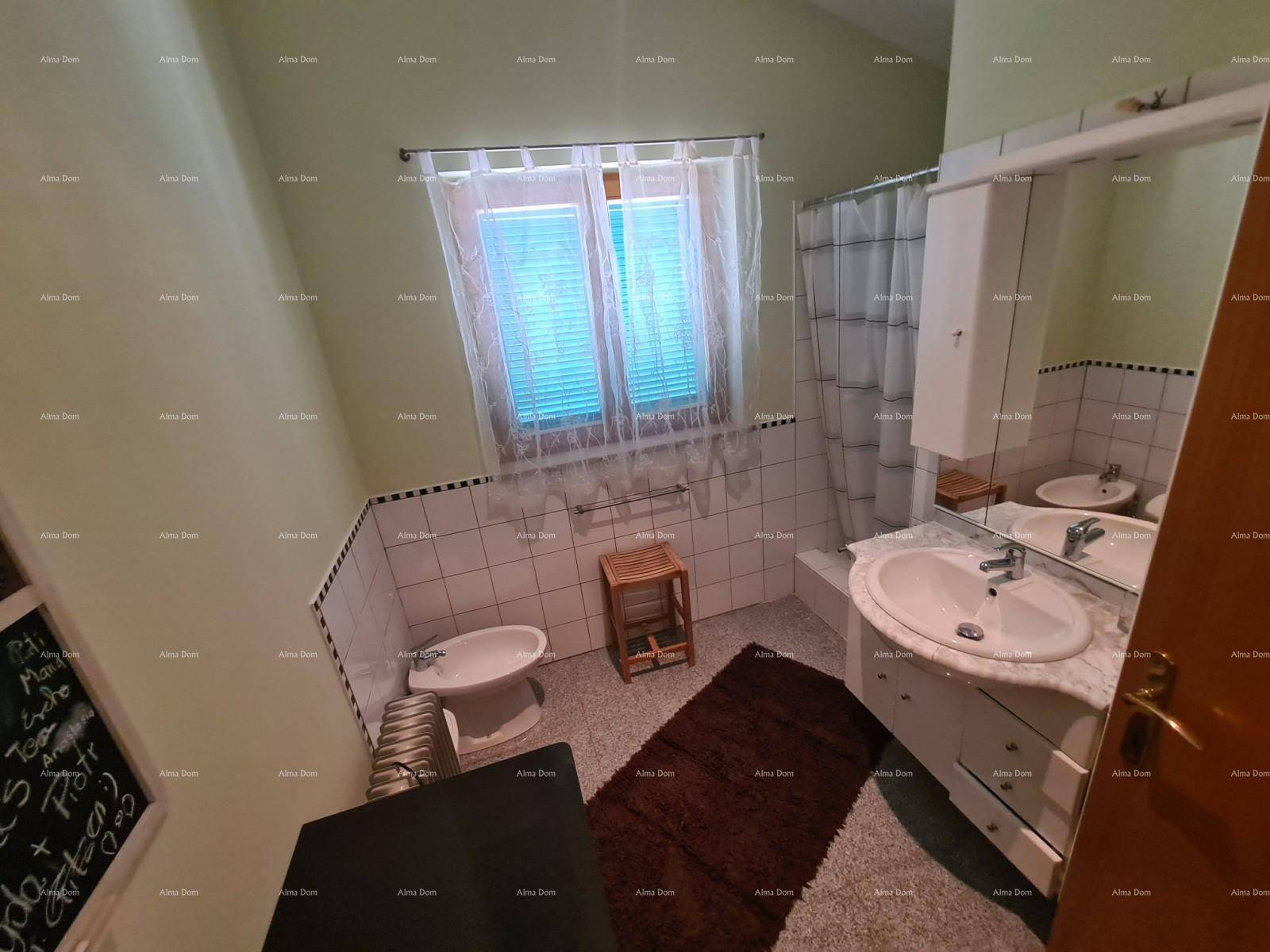 Helles Badezimmer mit Bidet, Toilette und Duschbereich, ausgestattet mit grünen Wänden.