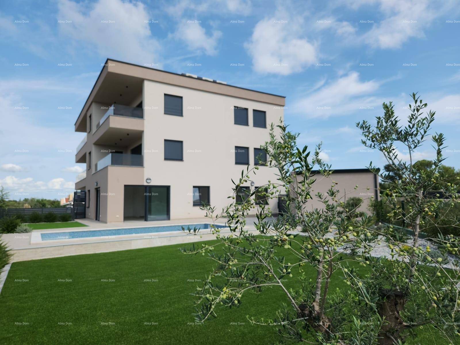 Modernes Wohngebäude mit Außenpool, gepflegtem Garten und mediterranen Pflanzen unter blauem Himmel.