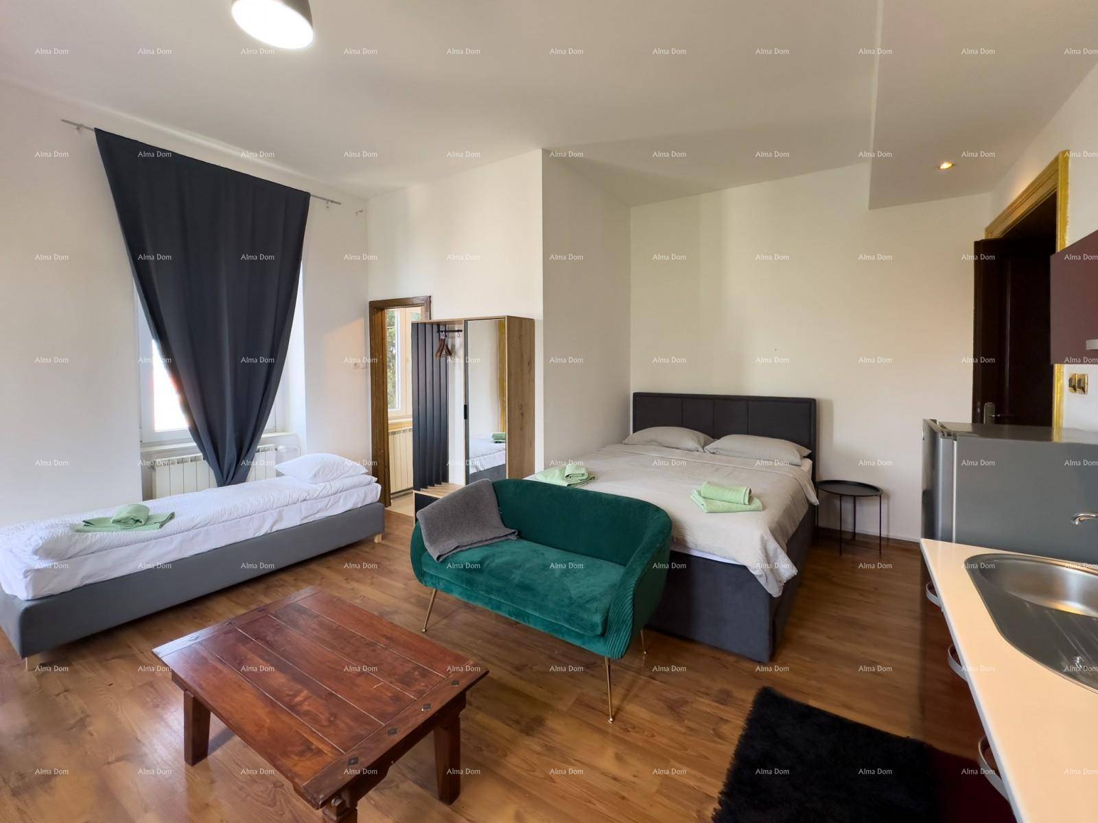 Helles Studio-Apartment mit Betten, grünem Sofa, Holztisch und einer funktionalen Küchenzeile.