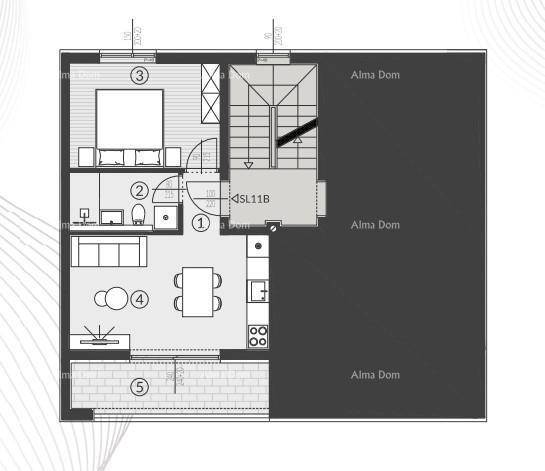 Grundriss einer Wohnung mit Schlafzimmer, Bad, Wohnbereich und Loggia.
