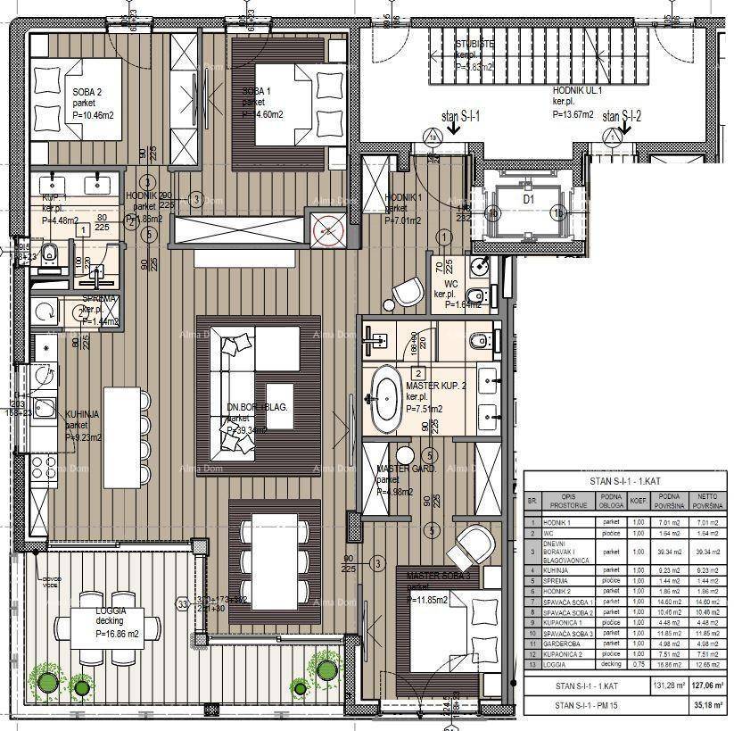 Detaillierter Grundriss einer Wohnung mit mehreren Schlafzimmern, Bädern und Loggia.