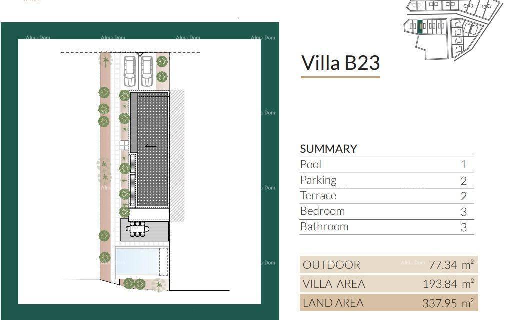 Übersicht des Villengrundrisses mit Pool, Parkplatz und drei Schlafzimmern.