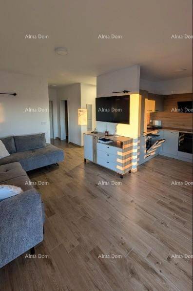 Offener Wohnbereich mit Sofa, Fernseher und angrenzender Küche, modern und funktional.