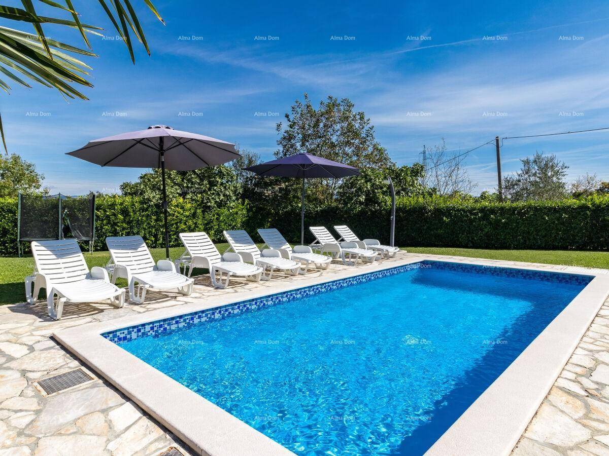 Rechteckiger Swimmingpool mit gefliester Umrandung und Liegestühlen im Sonnenschein.